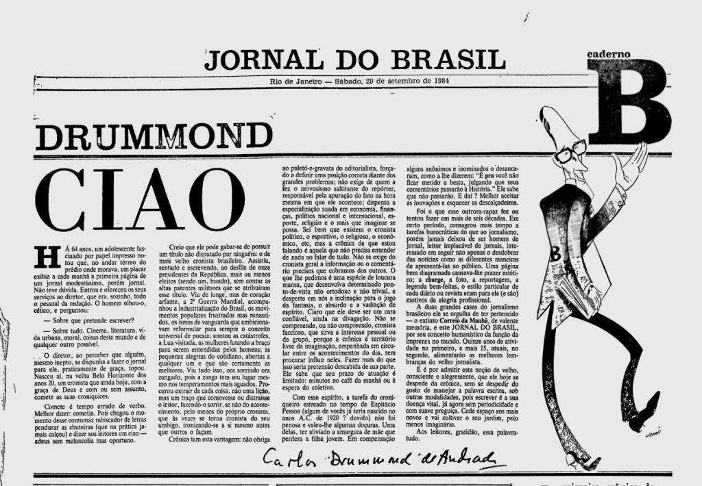 A última cronica no Jornal do Brasil: Sábado, 29 de setembro de 1984