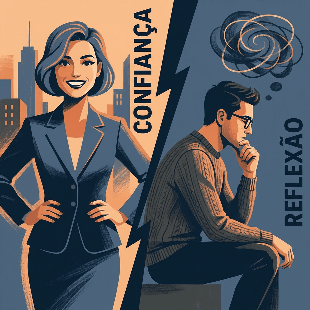 Illustration of a confident woman labeled CONFIANÇA and a pensive man labeled REFLEXÃO.