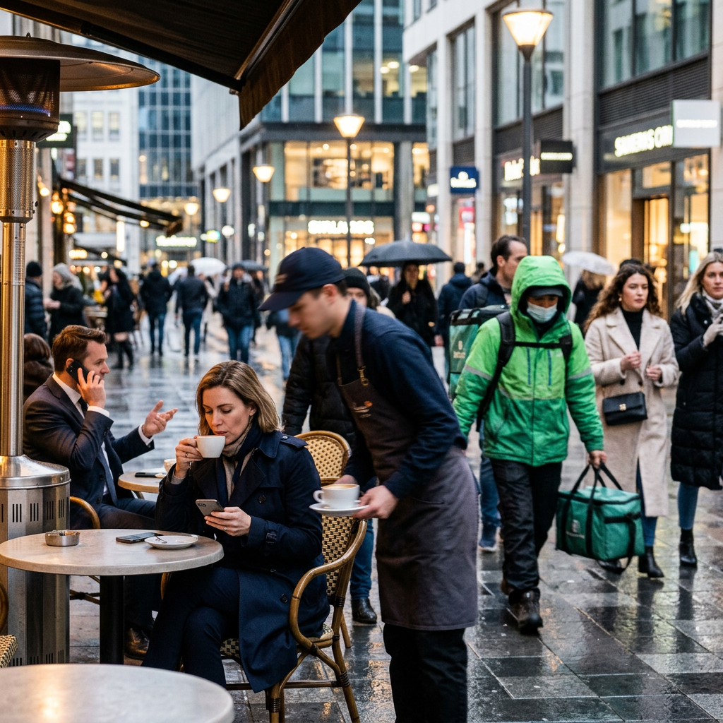 Woman sipping coffee at outdoor café table with waiter serving and pedestrians walking in city