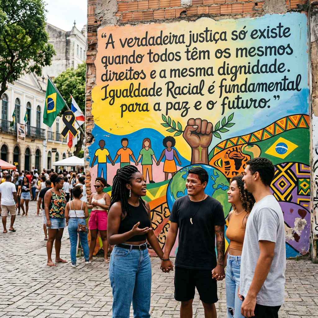 Group of four friends holding hands and smiling before a colorful mural promoting racial equality in Brazil